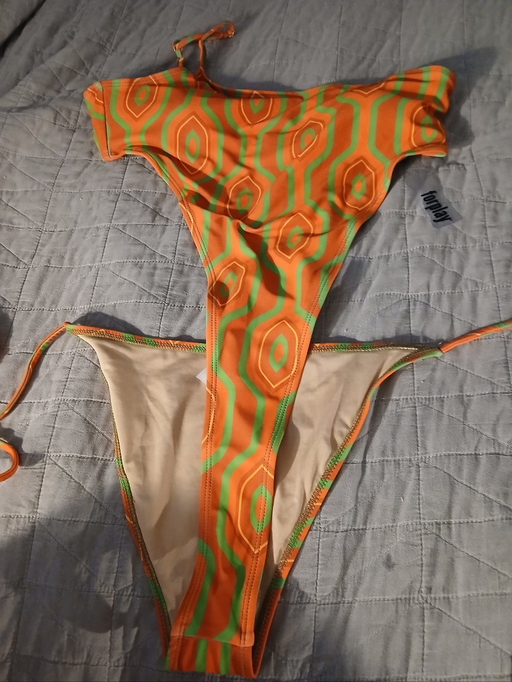 Forplay Orange and Green Geometric Tie-Side Bikini Bottom